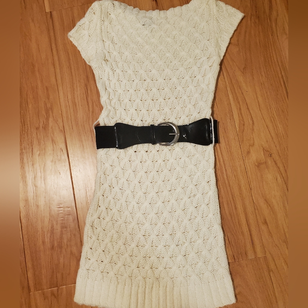 Knitted white dress with black belt size S